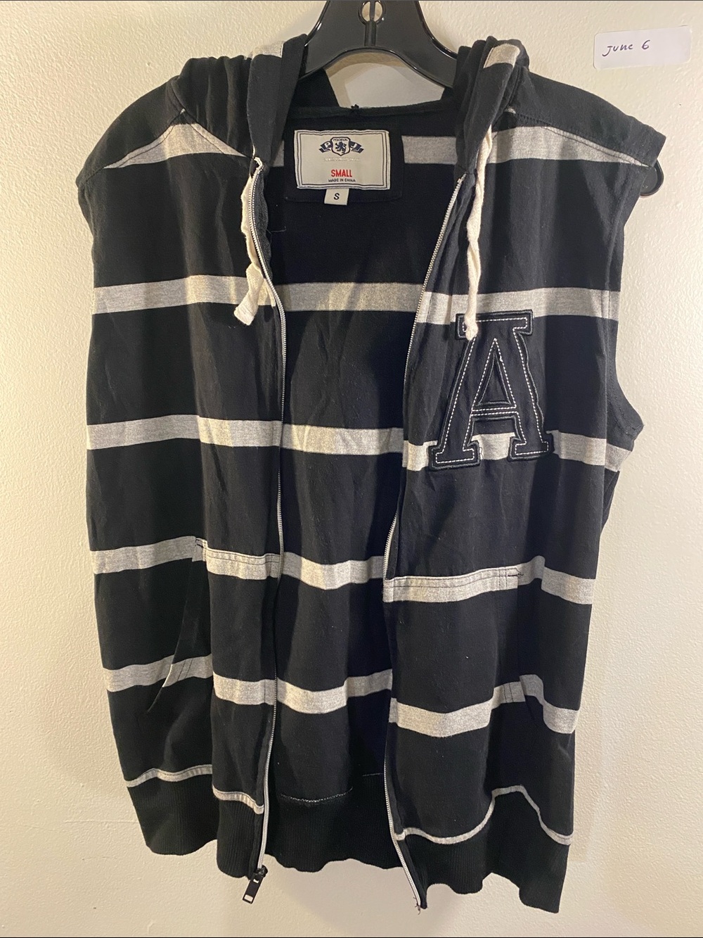 Black & White Striped Sleeveless Hooded Vest with 'A' Patch
